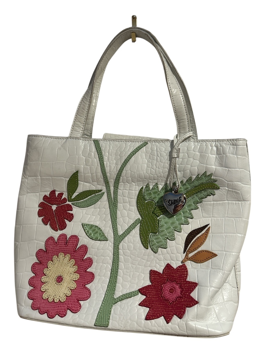 Sharif White Leather Floral Appliqué Bag with cosmetic case